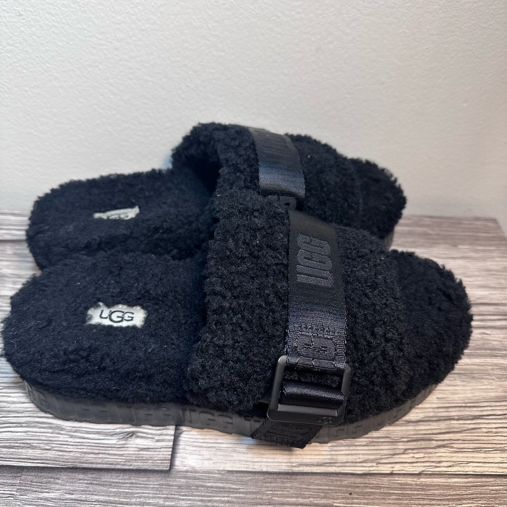 UGG Black Fluffita Sheepskin Fluff Slide Platform Sandals Slippers